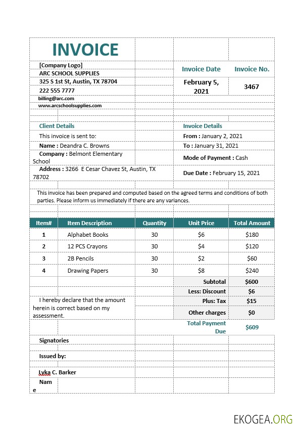 Modèle de facture de commande de fournitures scolaires